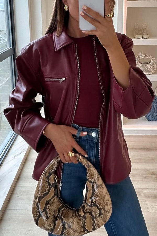 Revers long sleeve pocket zip leather jacket