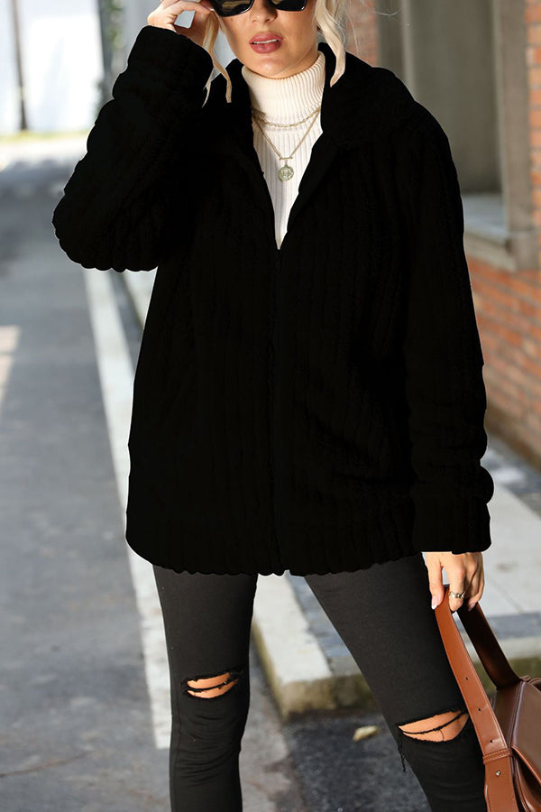 Collar zip long sleeve smooth Mid-Length Reversible Plush jacket