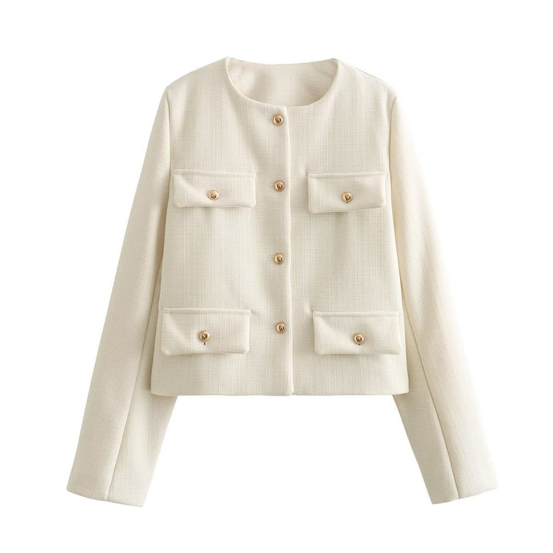 Neck smooth color Swgle-Breasted jacket