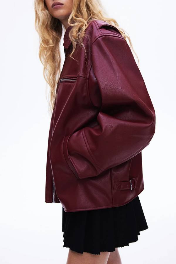 Revers long sleeve pocket zip leather jacket