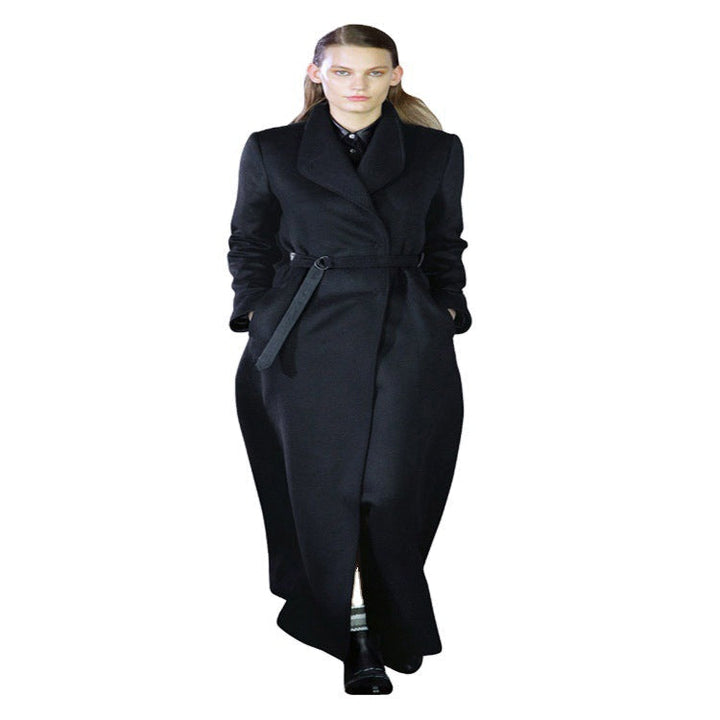 Women’s maxi long tailored wrap long coat with shawl collar and fine tie belt