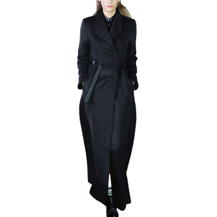 Women’s maxi long tailored wrap long coat with shawl collar and fine tie belt