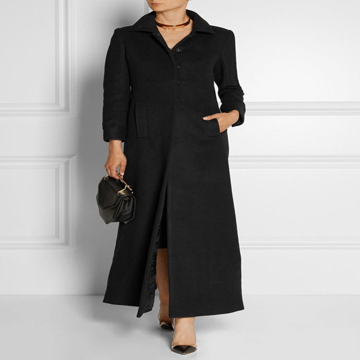 Ladies Floor-Length Single-Breasted Coat with Split and Tailored Silhouette