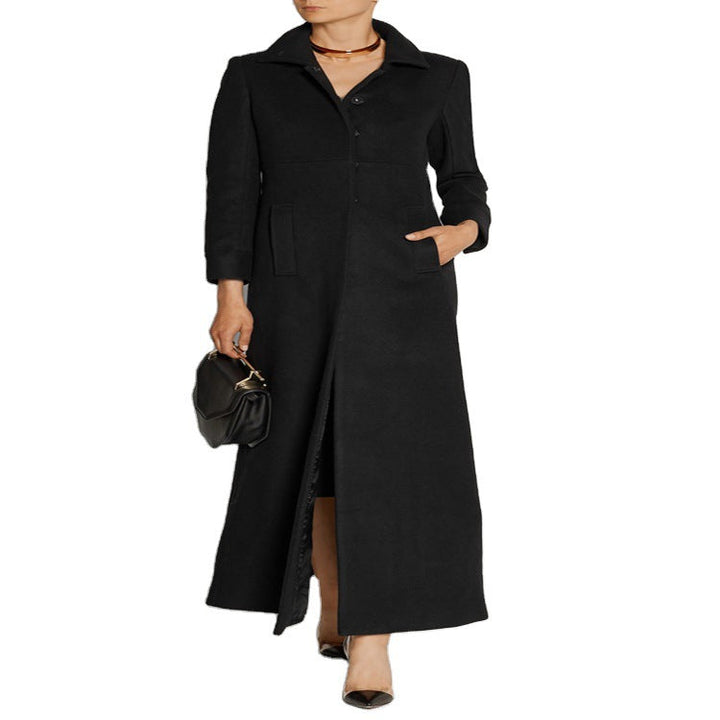 Ladies Floor-Length Single-Breasted Coat with Split and Tailored Silhouette