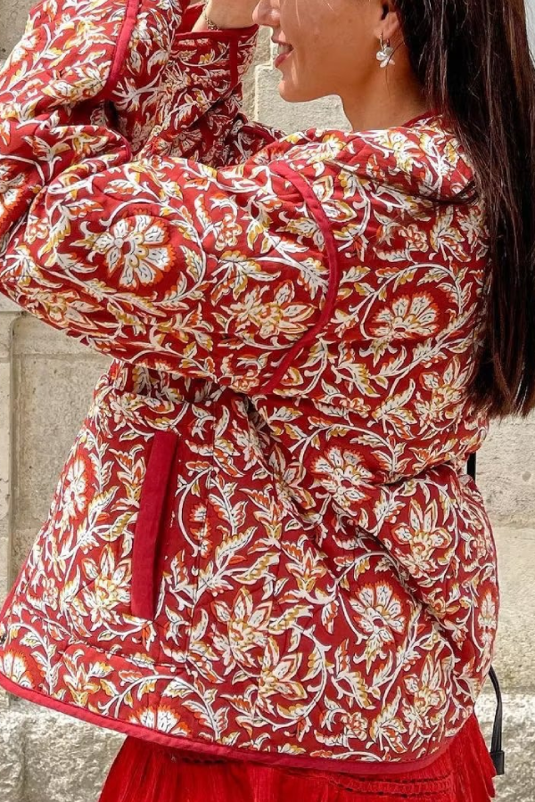 Neck Floral Prwt Loose quilted cotton jacket