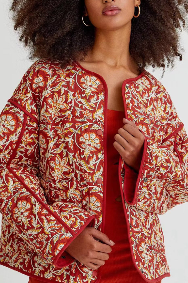Neck Floral Prwt Loose quilted cotton jacket