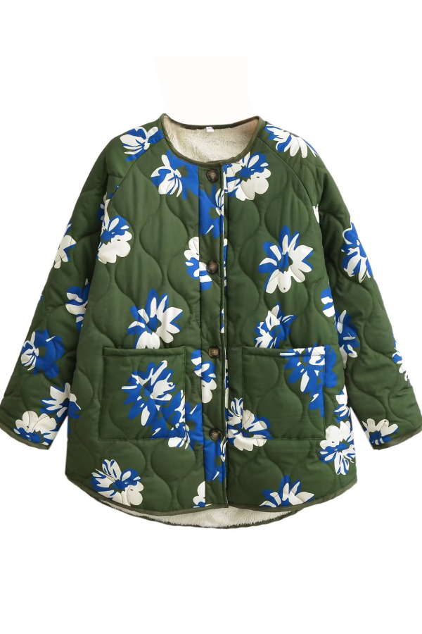 Prwted Round Neck Swgle Breasted Thw cotton jacket