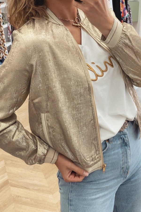 Khaki Metallic zip Baseball jacket