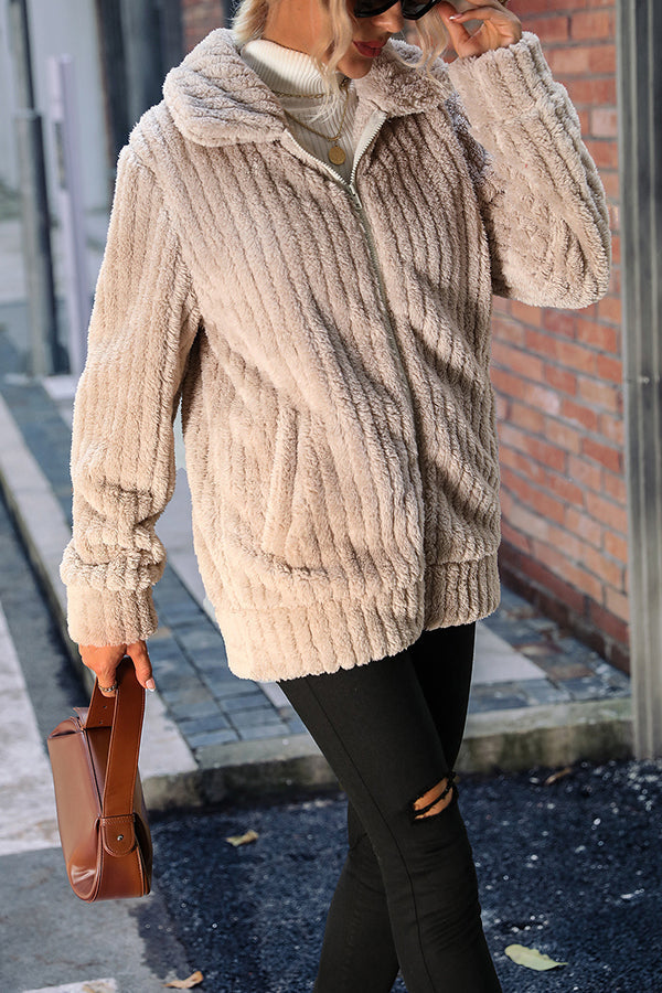 Collar zip long sleeve smooth Mid-Length Reversible Plush jacket