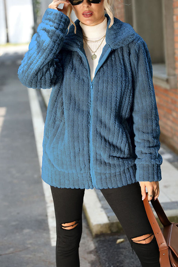 Collar zip long sleeve smooth Mid-Length Reversible Plush jacket