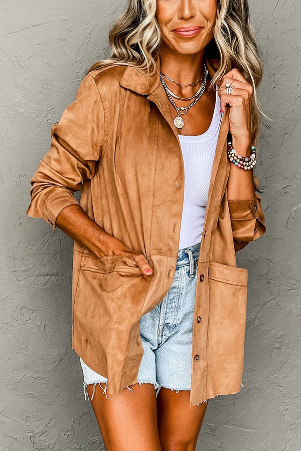 Faux suede casual jacket with pockets and placket button
