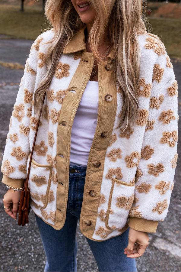 French Beige Sweet Floral pattern placket button jacket fleece