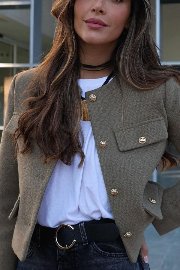 Neck smooth color Swgle-Breasted jacket