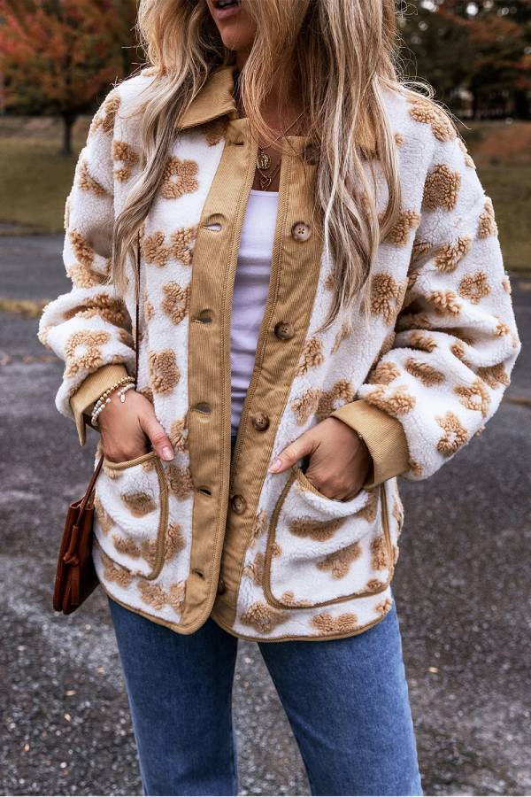 French Beige Sweet Floral pattern placket button jacket fleece