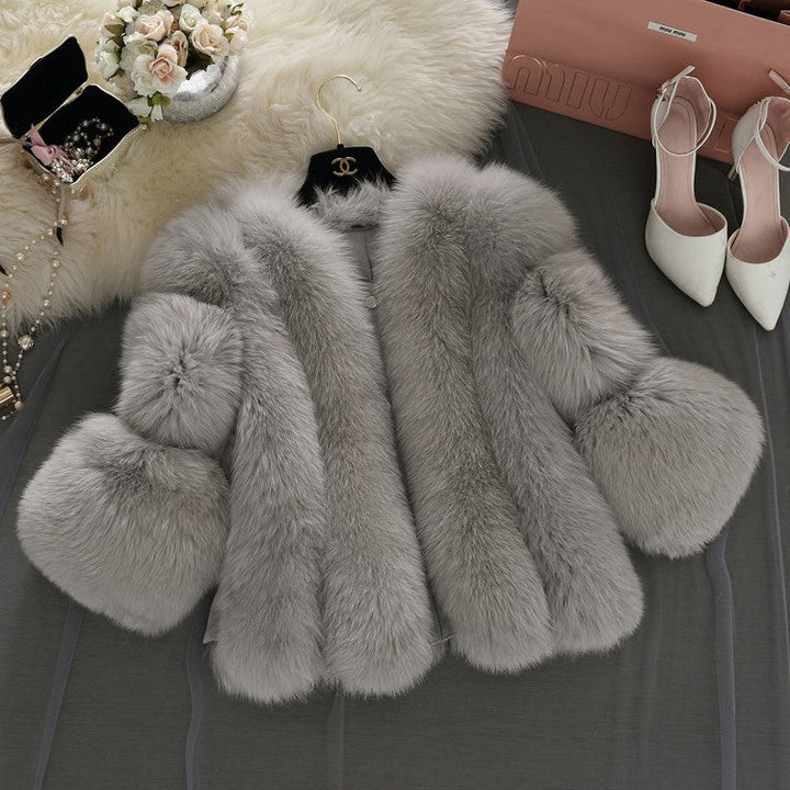 Women Fluffy Faux Fur Coat with Wide Cut Sleeves