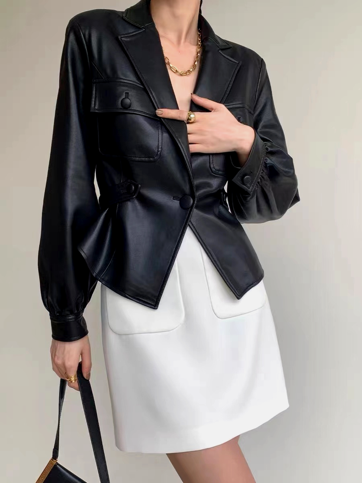 Belted jacket with leather leather