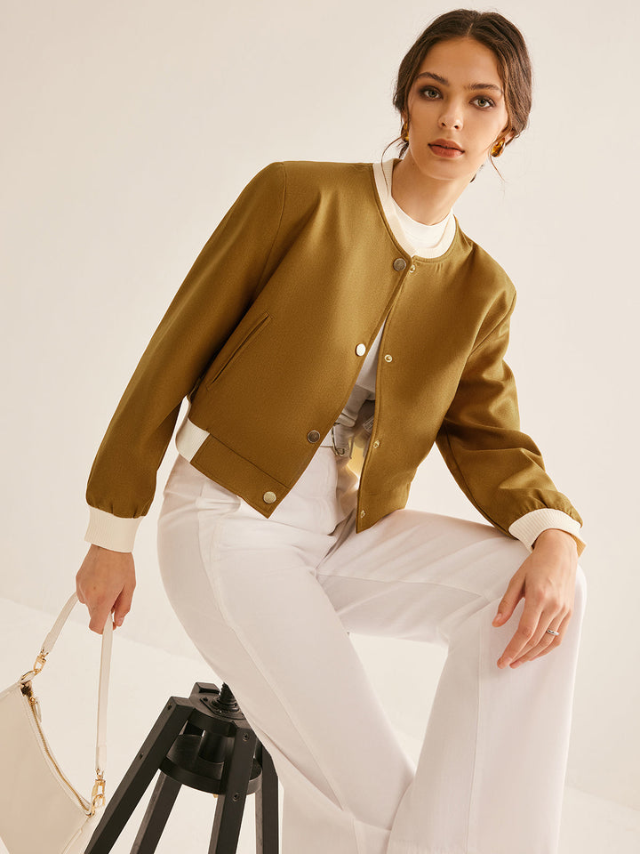 Crew Neck contrast Trim button jacket