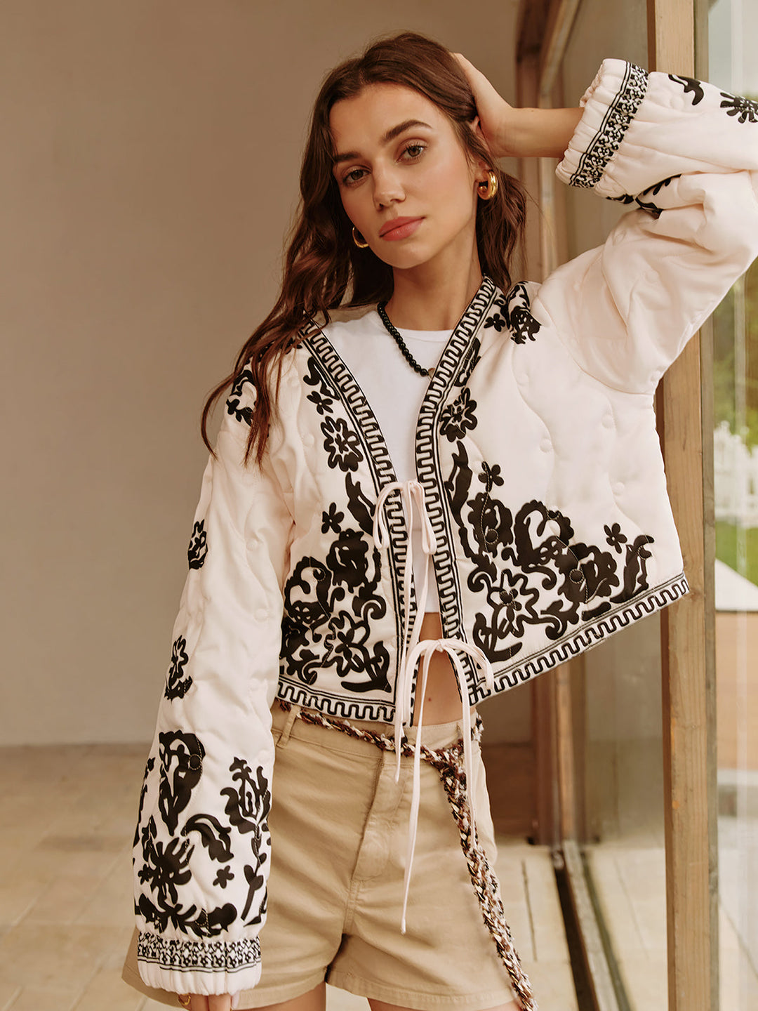 Prwted Lace-Up short jacket