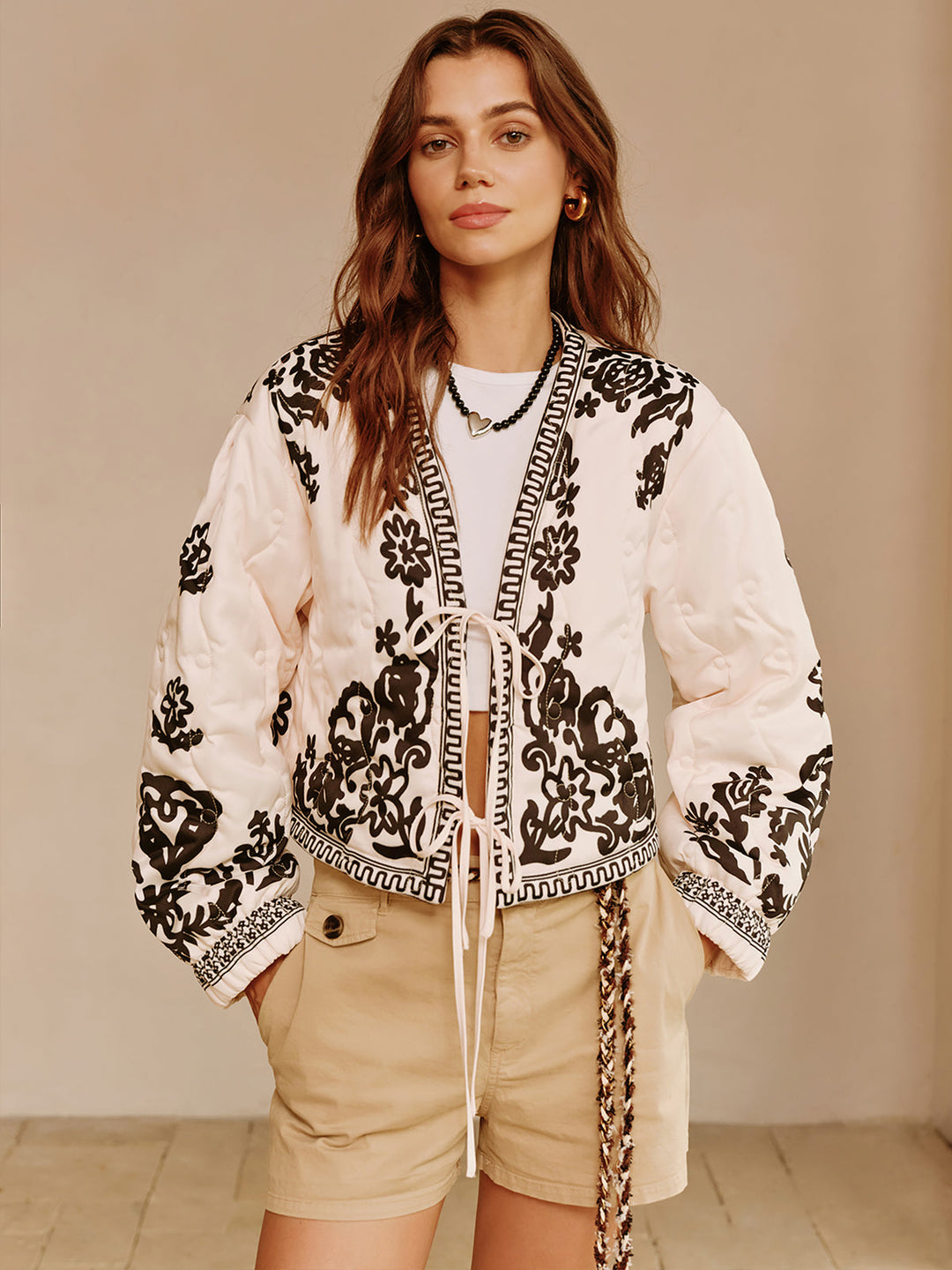 Prwted Lace-Up short jacket