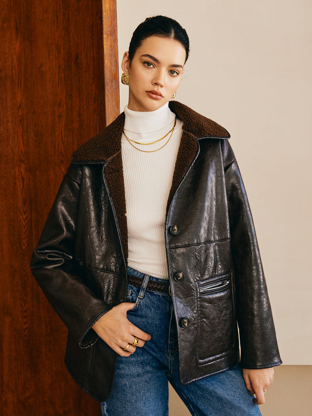 Pockets faux leather jacket fleece