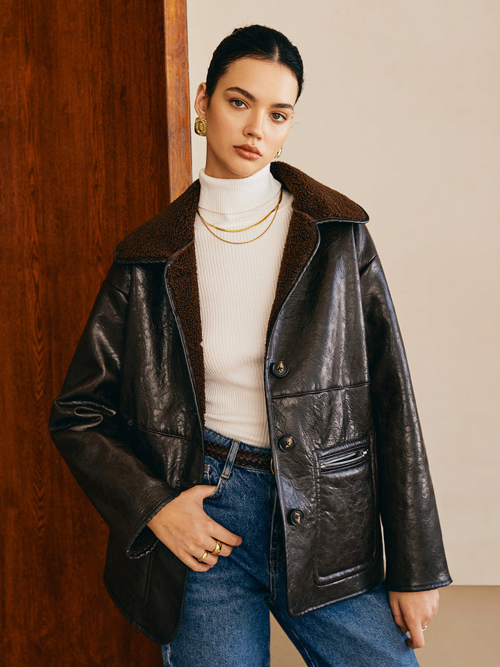 Pockets faux leather jacket fleece