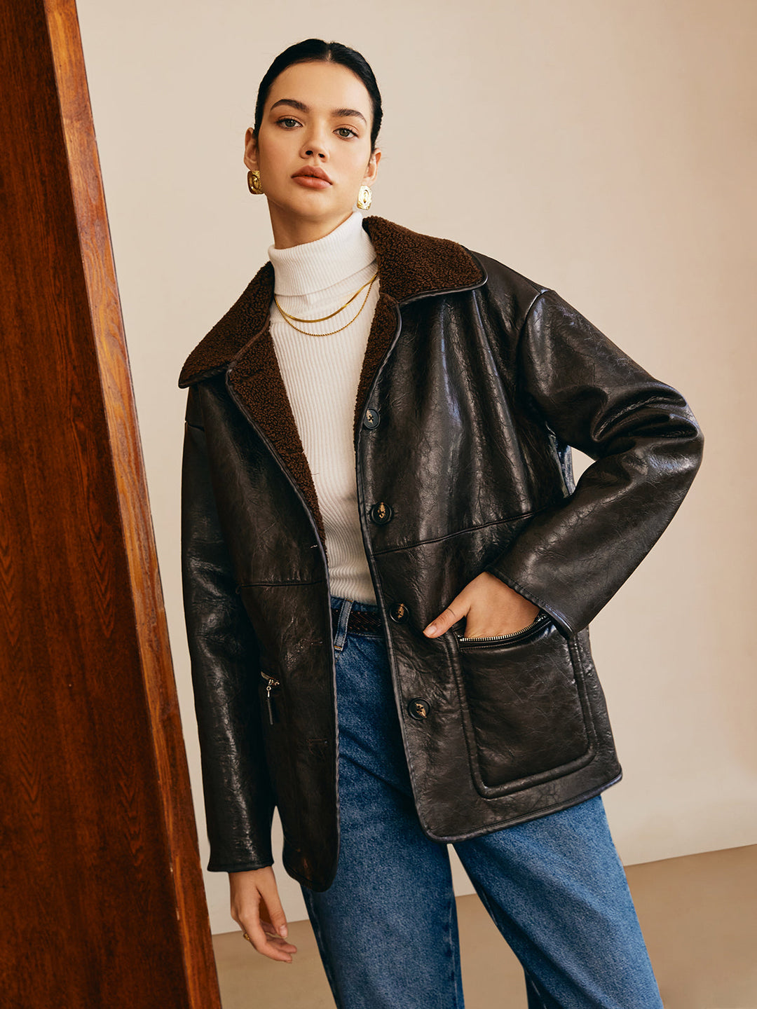 Pockets faux leather jacket fleece