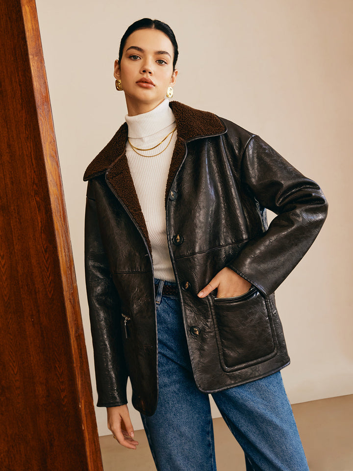 Pockets faux leather jacket fleece