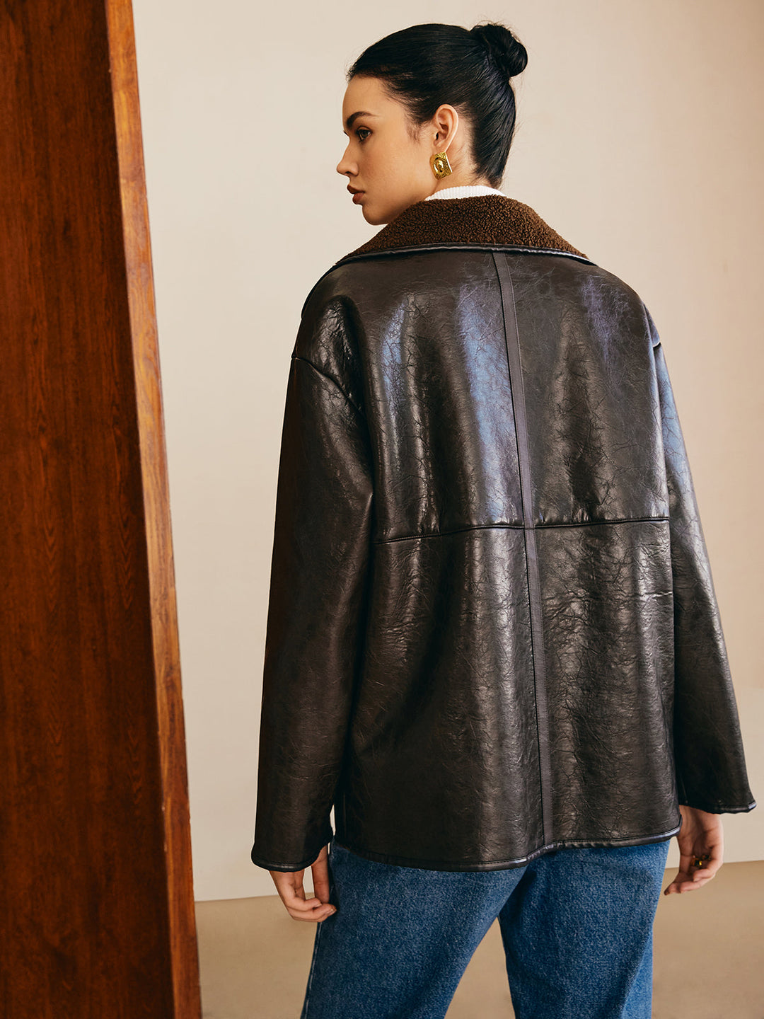 Pockets faux leather jacket fleece