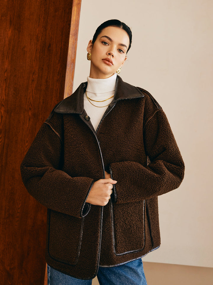 Pockets faux leather jacket fleece
