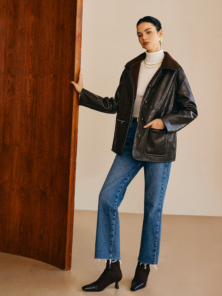 Pockets faux leather jacket fleece