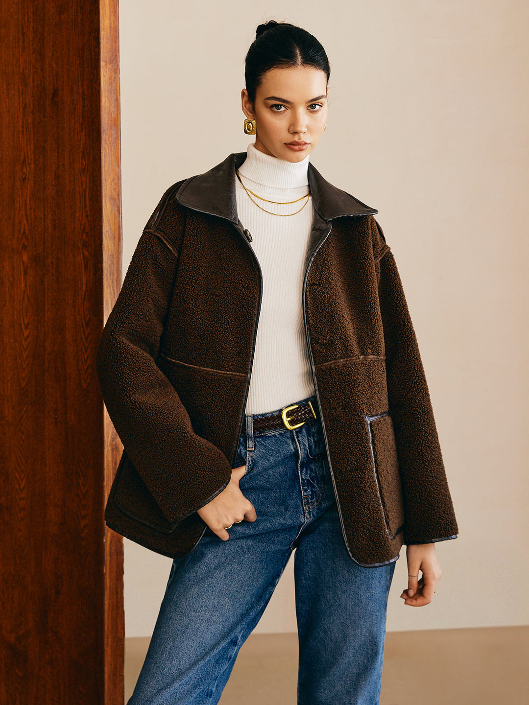 Pockets faux leather jacket fleece