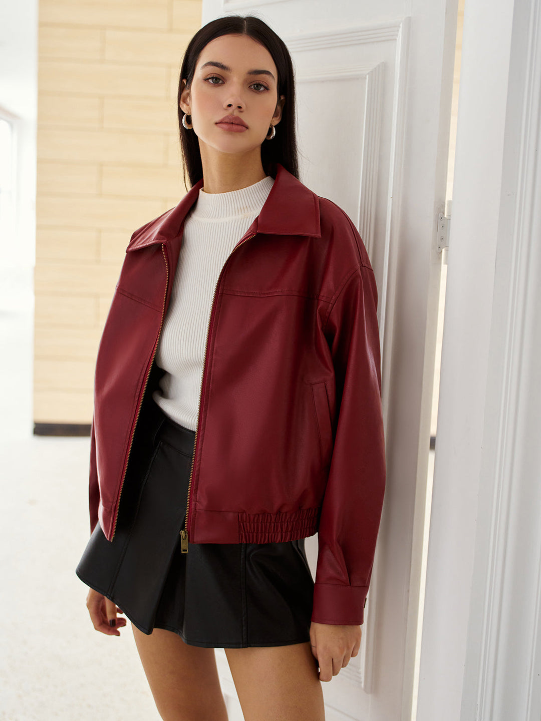 Leather zip Polo jacket