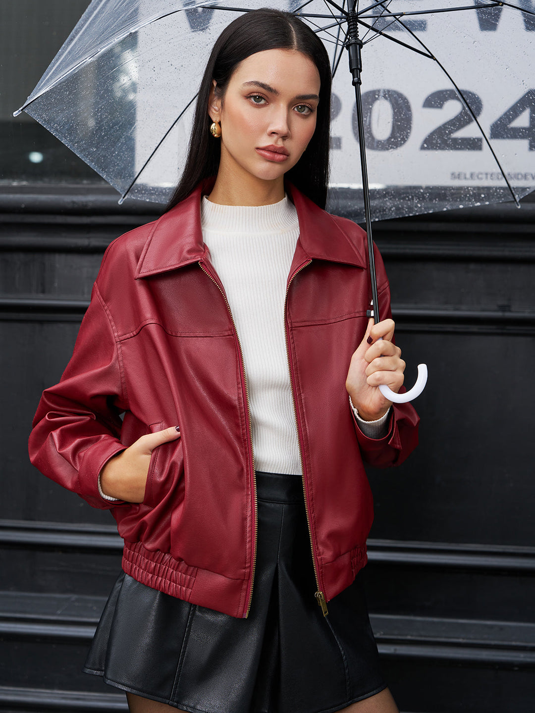 Leather zip Polo jacket