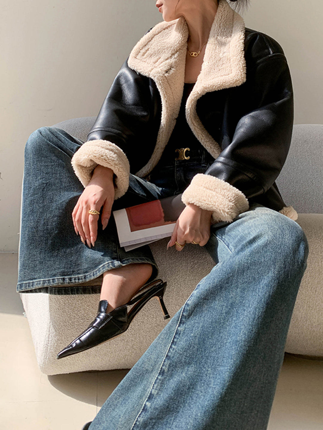 Lined jacket with leather leather