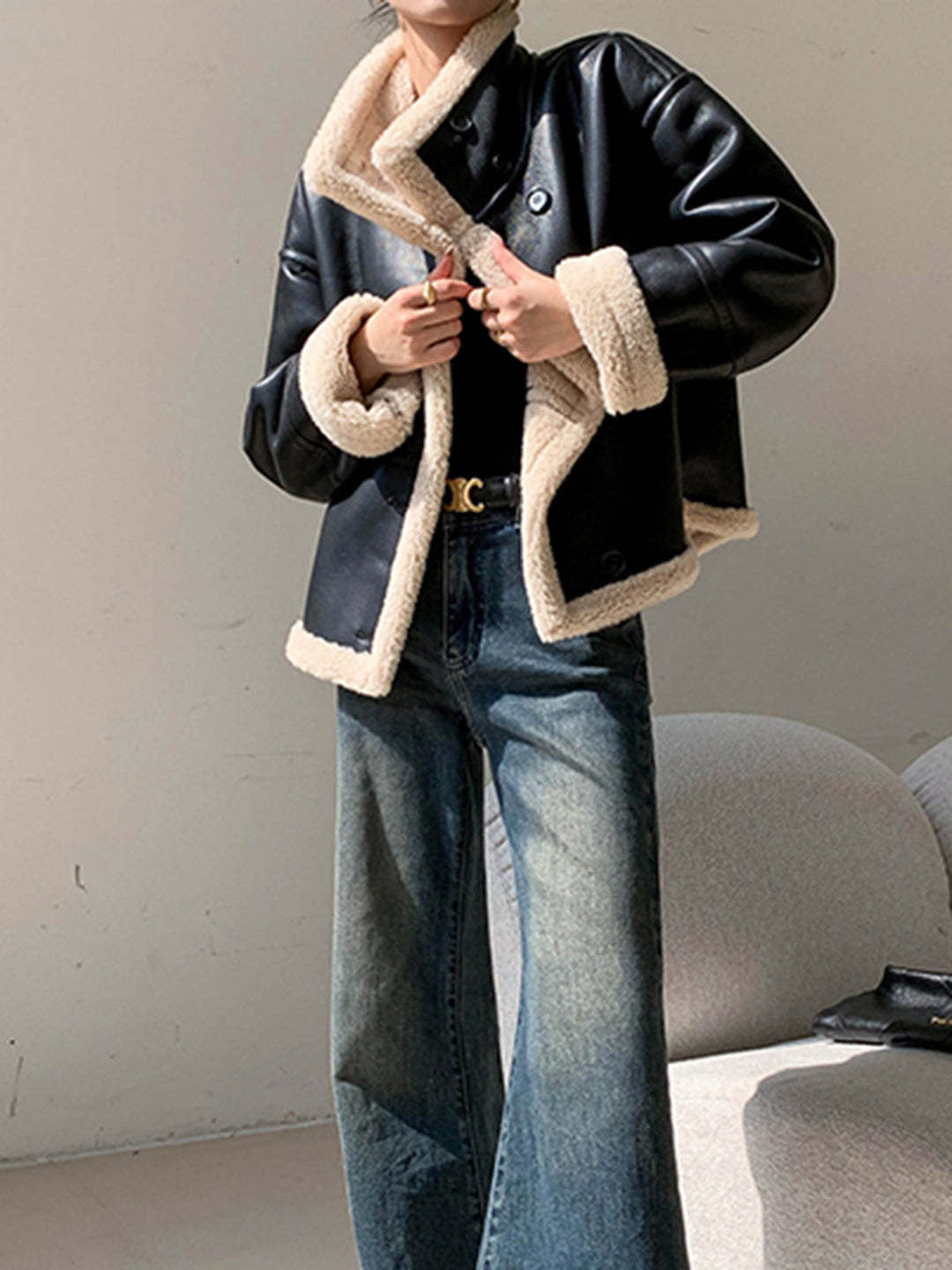 Lined jacket with leather leather