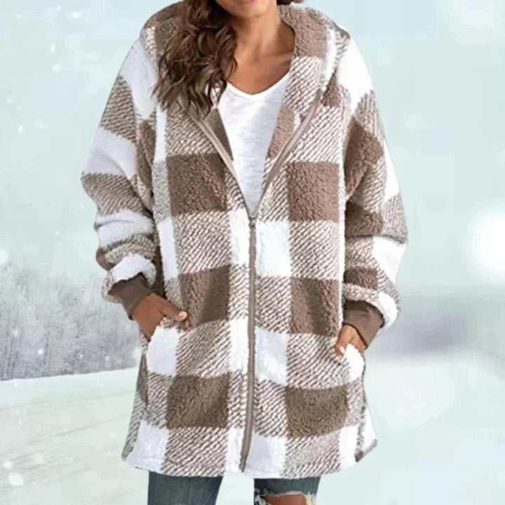 Check pattern faux fur winter coat with hood