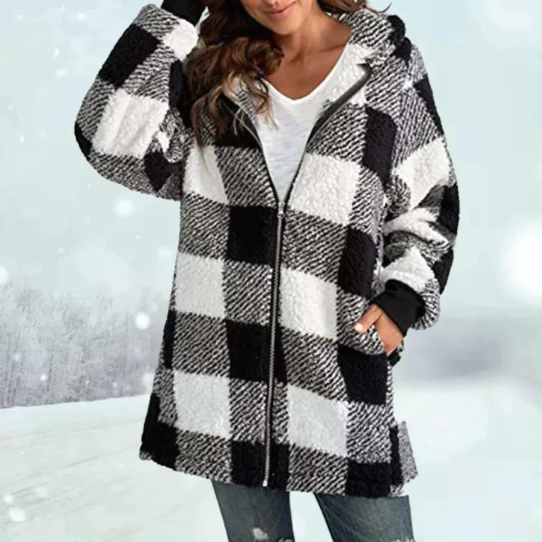 Check pattern faux fur winter coat with hood