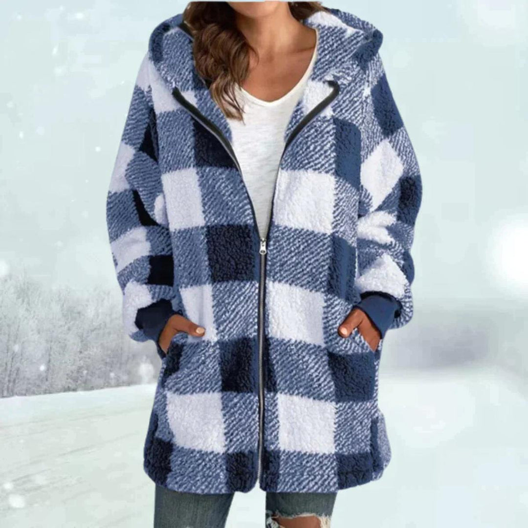 Check pattern faux fur winter coat with hood