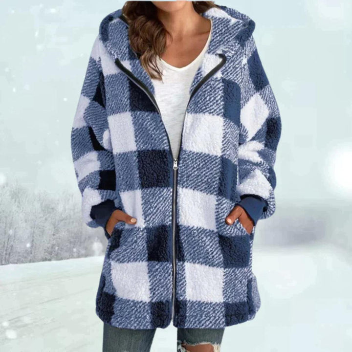 Check pattern faux fur winter coat with hood