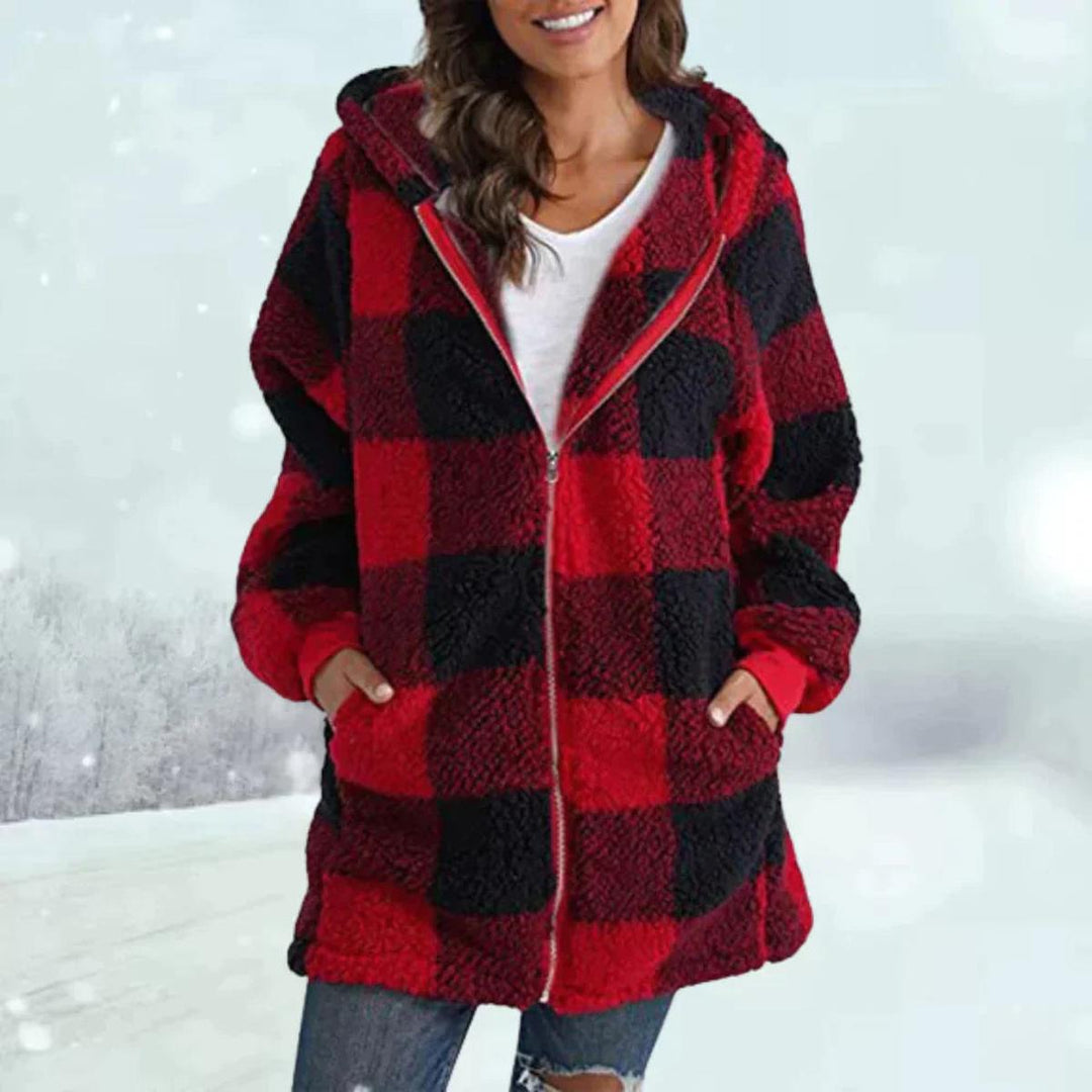 Check pattern faux fur winter coat with hood