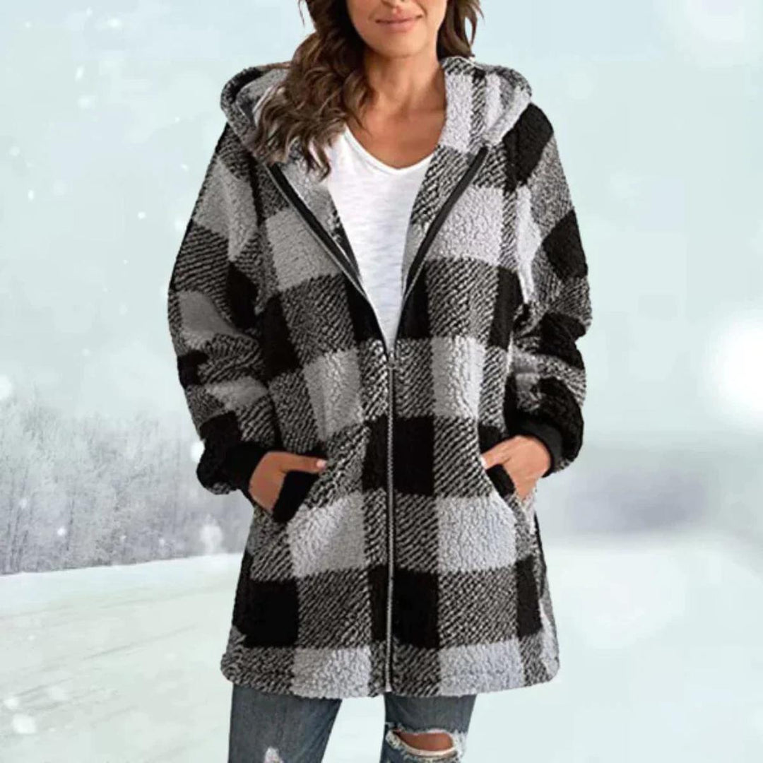 Check pattern faux fur winter coat with hood