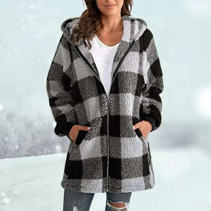 Check pattern faux fur winter coat with hood