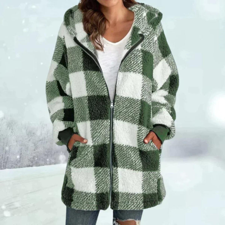 Check pattern faux fur winter coat with hood