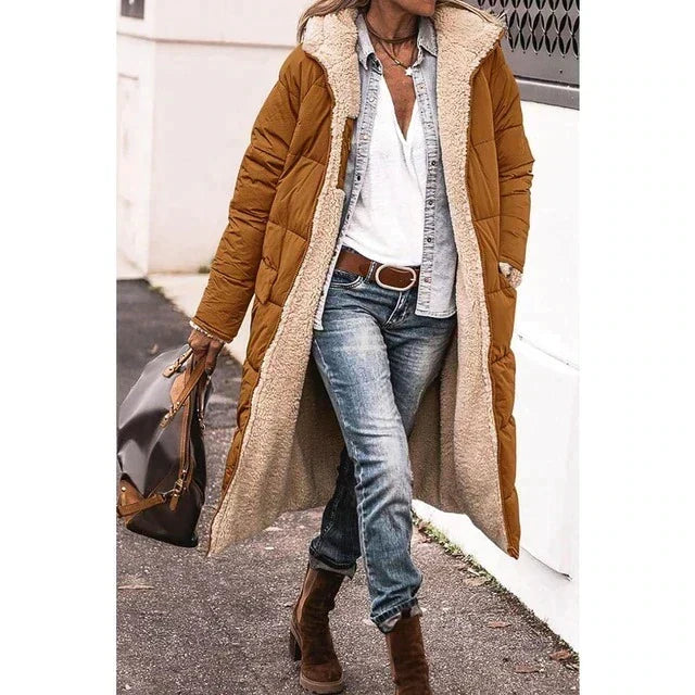 Reversible Sherpa fleece long coat puchowys with hood outerwear