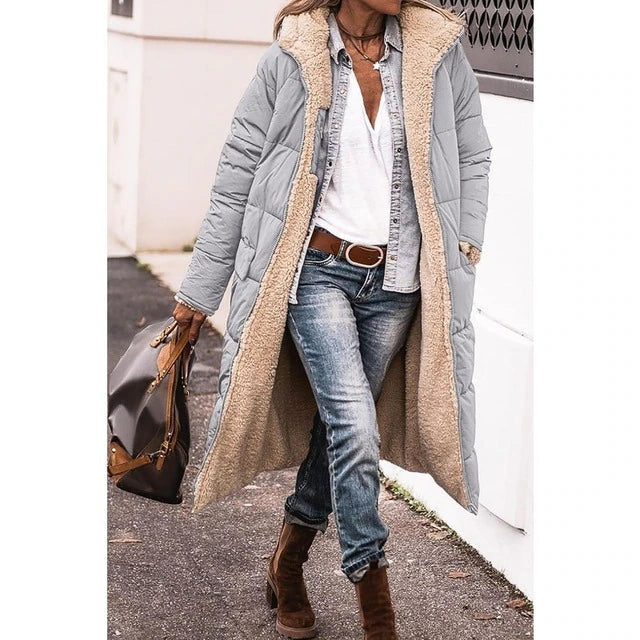 Reversible Sherpa fleece long coat puchowys with hood outerwear