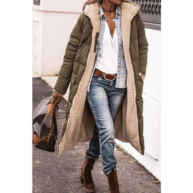 Reversible Sherpa fleece long coat puchowys with hood outerwear