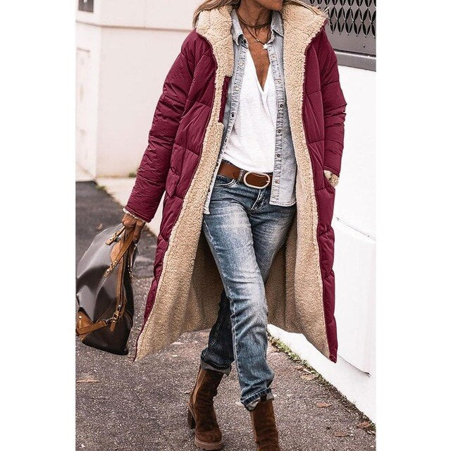 Reversible Sherpa fleece long coat puchowys with hood outerwear