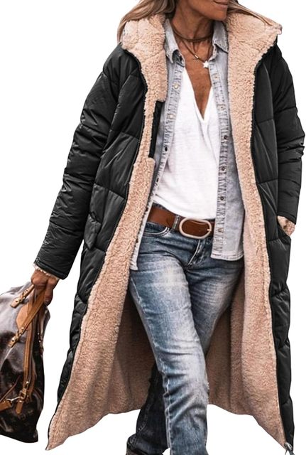 Reversible Sherpa fleece long coat puchowys with hood outerwear
