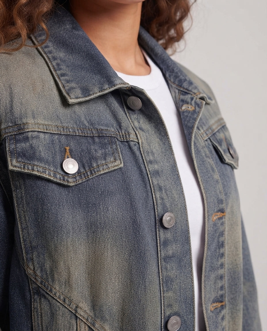 Ladies oversized jeans jacket with elastic hem, balloon sleeves &amp; shaped -seamed details
