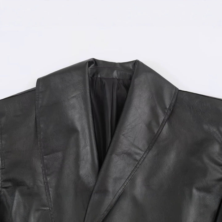 Women Short Oversized Faux Leather Jacket with Wide Shawl Collar and Belt